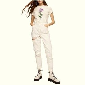 TopShop Distressed Off White Beige Mom Jeans Sz 30